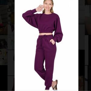 36. Zenana Plum Cropped Sweatshirt & Highwaist Joggers with drawstring NWT